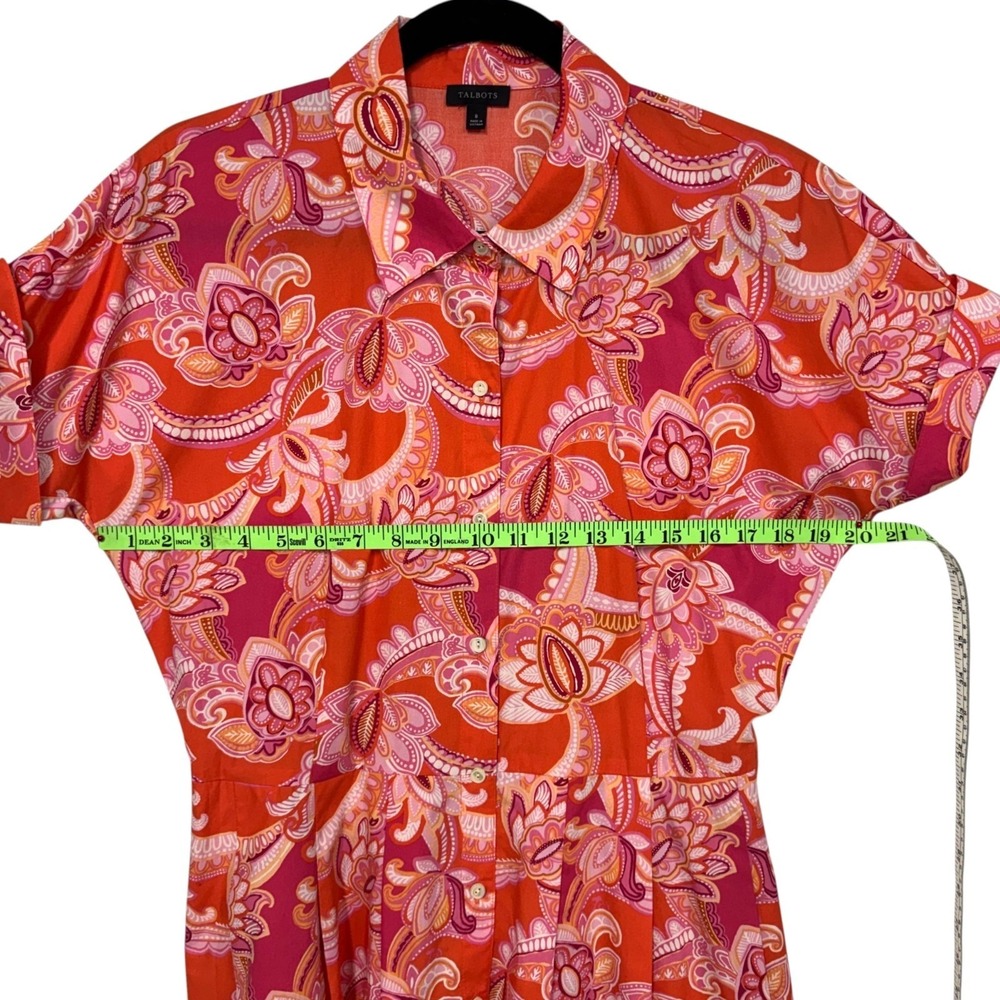 Talbots Sutton Shirt Dress, Sz 8, Pink & Orange Paisley Cotton Belted Pockets - Picture 9 of 13